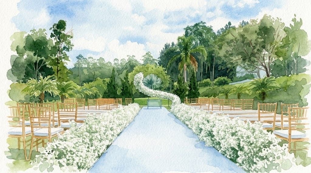 Ilustração em aquarela do corredor da cerimônia, com flores brancas dos dois lados